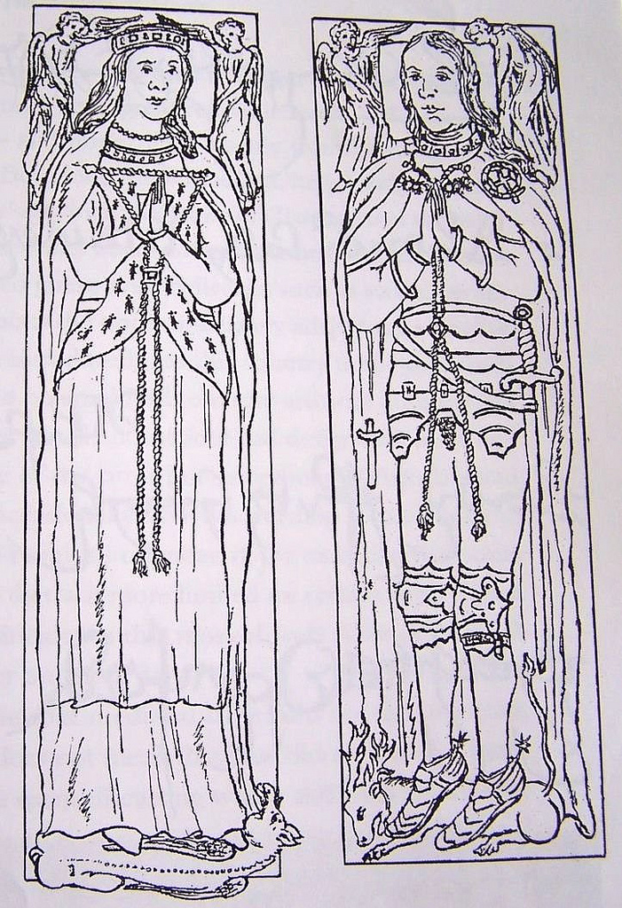 Redrawn effigy of John de Vere, 13th Earl of Oxford and Lady Margaret before it was destroyed; original illustration was by Daniel King, Colne Priory Church, destroyed c. 1730.